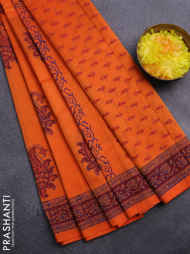 Silk cotton block printed saree orange and maroon with butta prints and printed border