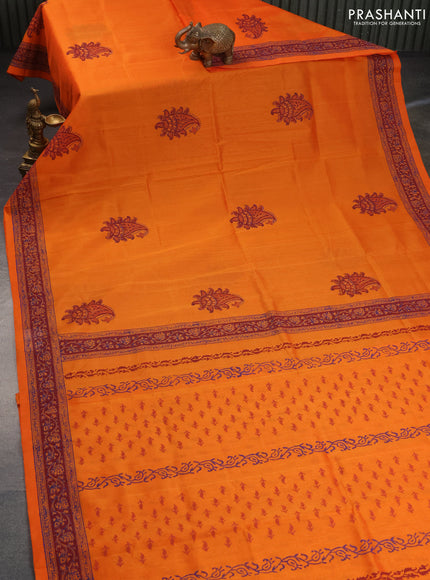 Silk cotton block printed saree orange and maroon with butta prints and printed border