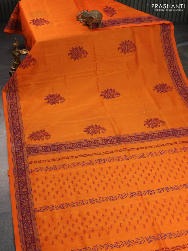 Silk cotton block printed saree orange and maroon with butta prints and printed border