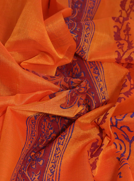 Silk cotton block printed saree orange and maroon with butta prints and printed border