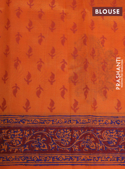 Silk cotton block printed saree orange and maroon with butta prints and printed border