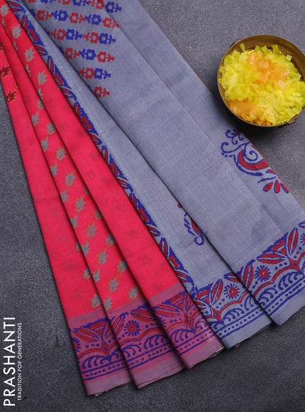 Silk cotton block printed saree pink and grey with allover prints and printed border