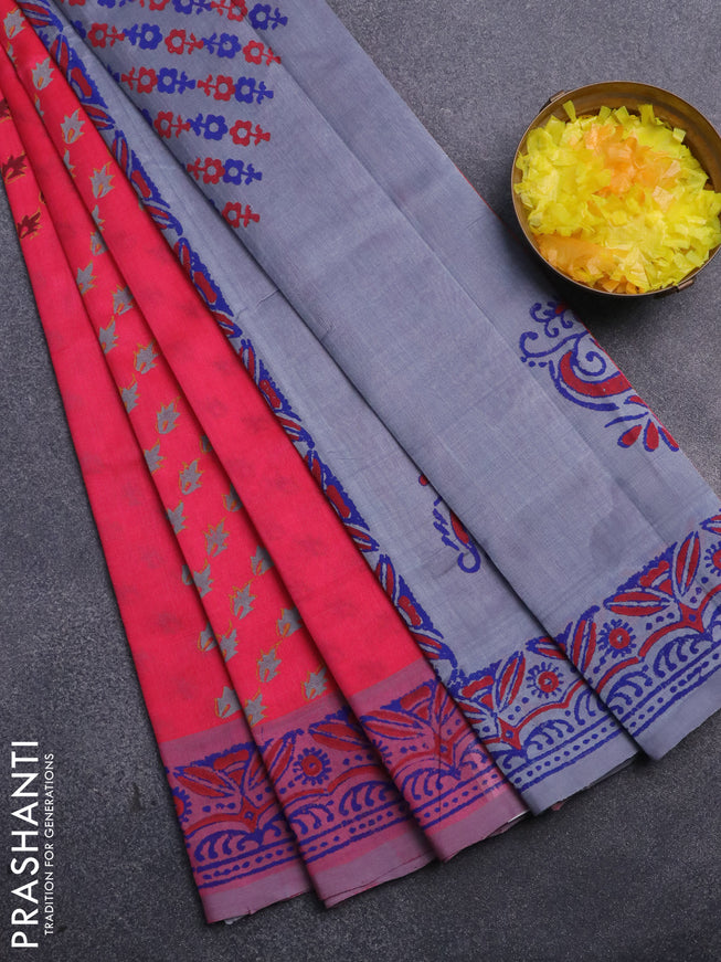 Silk cotton block printed saree pink and grey with allover prints and printed border