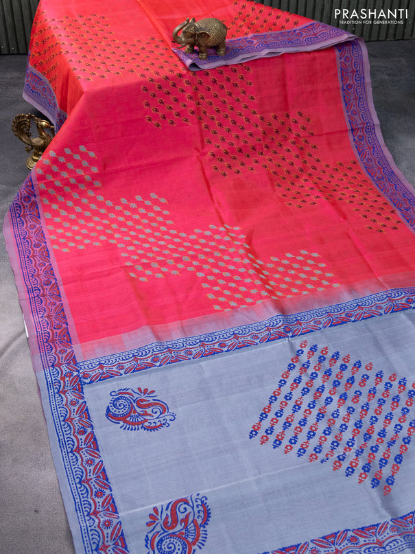 Silk cotton block printed saree pink and grey with allover prints and printed border