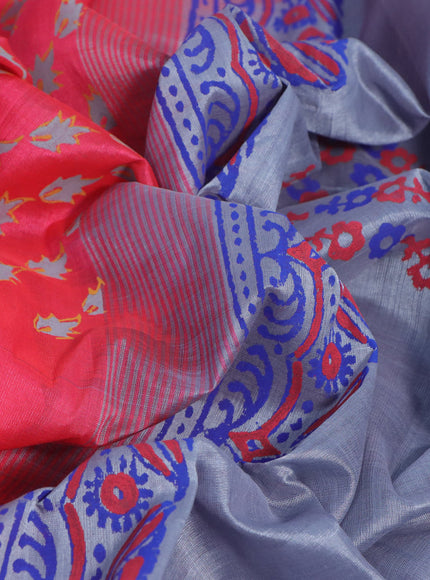 Silk cotton block printed saree pink and grey with allover prints and printed border