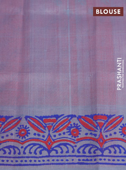 Silk cotton block printed saree pink and grey with allover prints and printed border