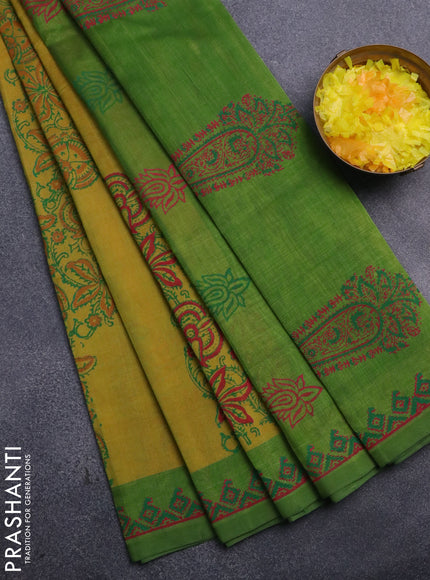 Silk cotton block printed saree dual shade of yellow and light green with allover prints and printed border