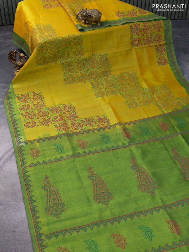 Silk cotton block printed saree dual shade of yellow and light green with allover prints and printed border