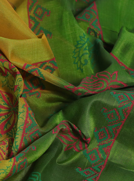 Silk cotton block printed saree dual shade of yellow and light green with allover prints and printed border