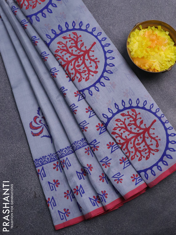 Silk cotton block printed saree grey and pink with butta prints and printed border