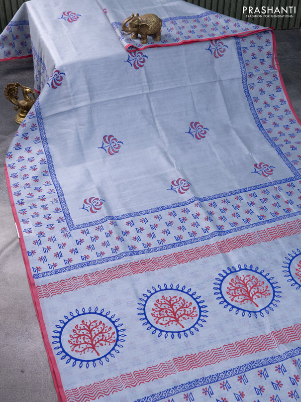 Silk cotton block printed saree grey and pink with butta prints and printed border