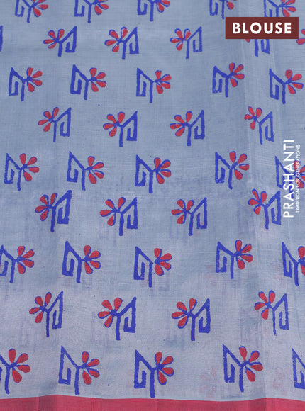 Silk cotton block printed saree grey and pink with butta prints and printed border