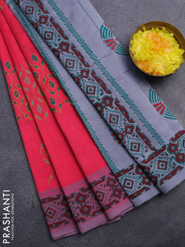 Silk cotton block printed saree pink and grey with butta prints and printed border