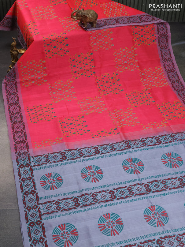 Silk cotton block printed saree pink and grey with butta prints and printed border