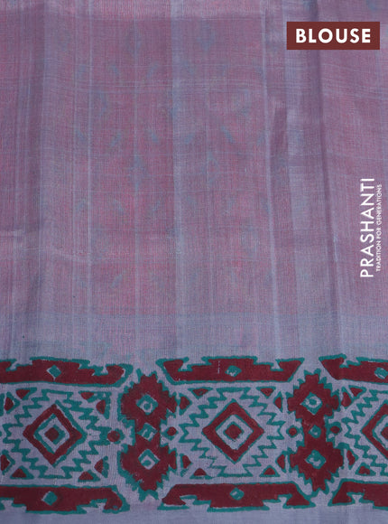 Silk cotton block printed saree pink and grey with butta prints and printed border