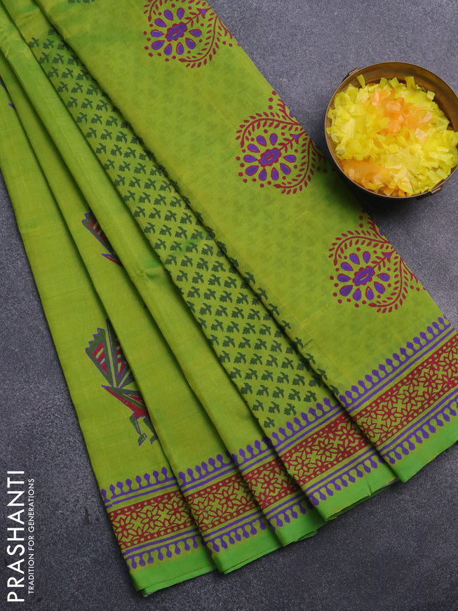 Silk cotton block printed saree light green with butta prints and printed border