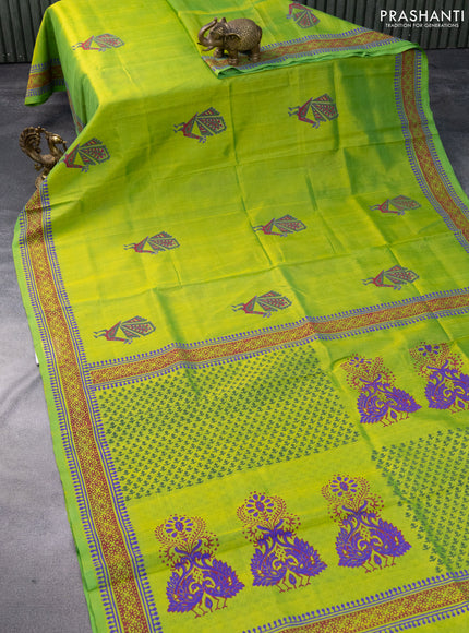 Silk cotton block printed saree light green with butta prints and printed border