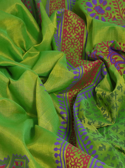 Silk cotton block printed saree light green with butta prints and printed border