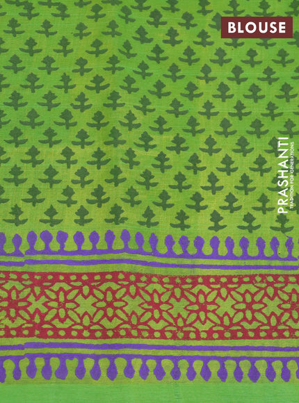 Silk cotton block printed saree light green with butta prints and printed border