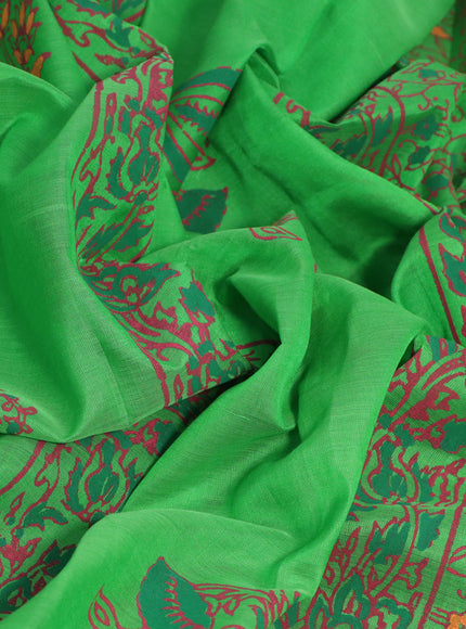 Silk cotton block printed saree light green and orange with butta prints and printed border