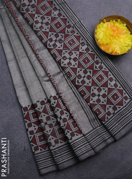 Silk cotton block printed saree grey with butta prints and printed border