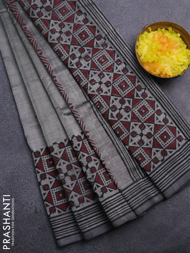 Silk cotton block printed saree grey with butta prints and printed border