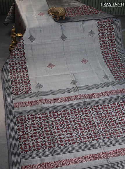 Silk cotton block printed saree grey with butta prints and printed border