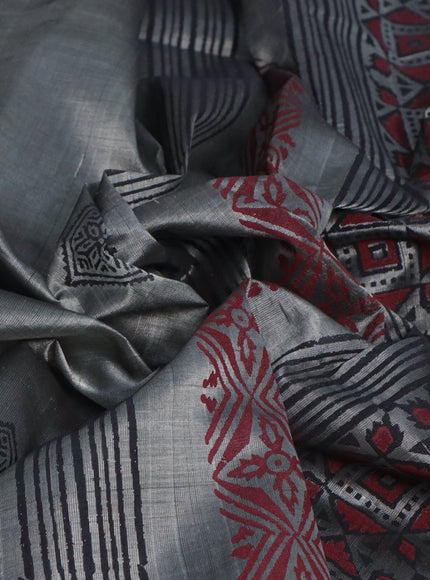 Silk cotton block printed saree grey with butta prints and printed border