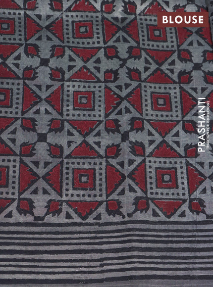 Silk cotton block printed saree grey with butta prints and printed border