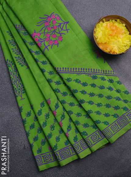 Silk cotton block printed saree light green with butta prints and printed border