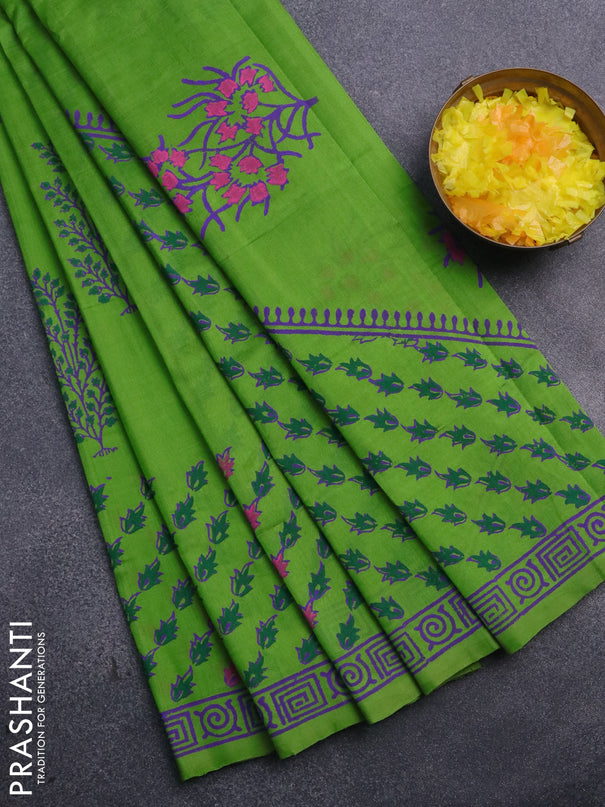 Silk cotton block printed saree light green with butta prints and printed border