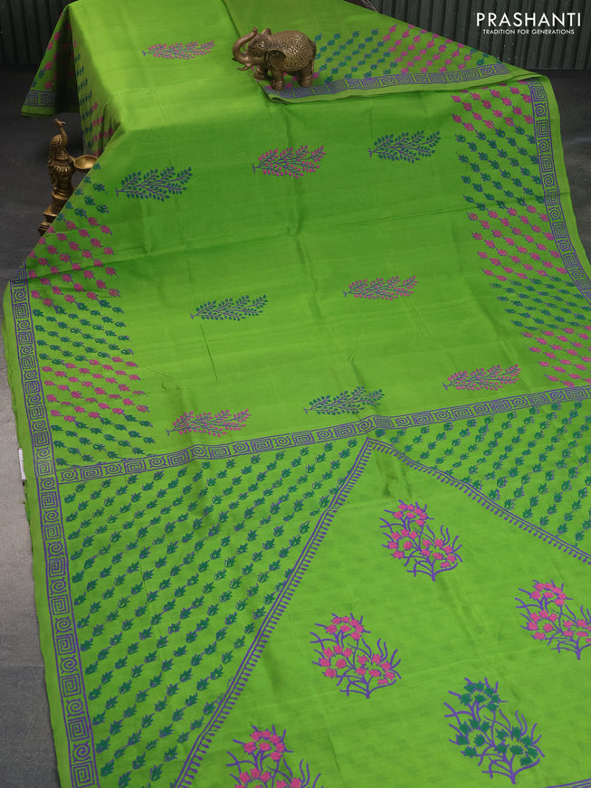 Silk cotton block printed saree light green with butta prints and printed border