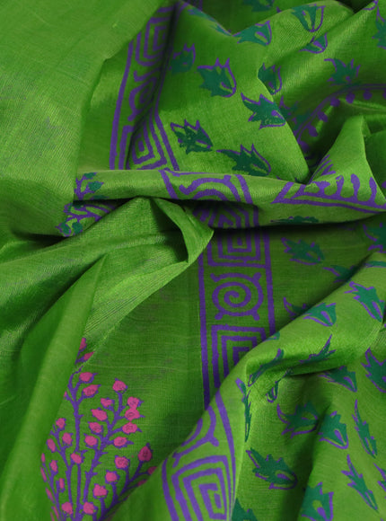 Silk cotton block printed saree light green with butta prints and printed border