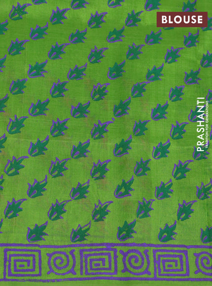 Silk cotton block printed saree light green with butta prints and printed border