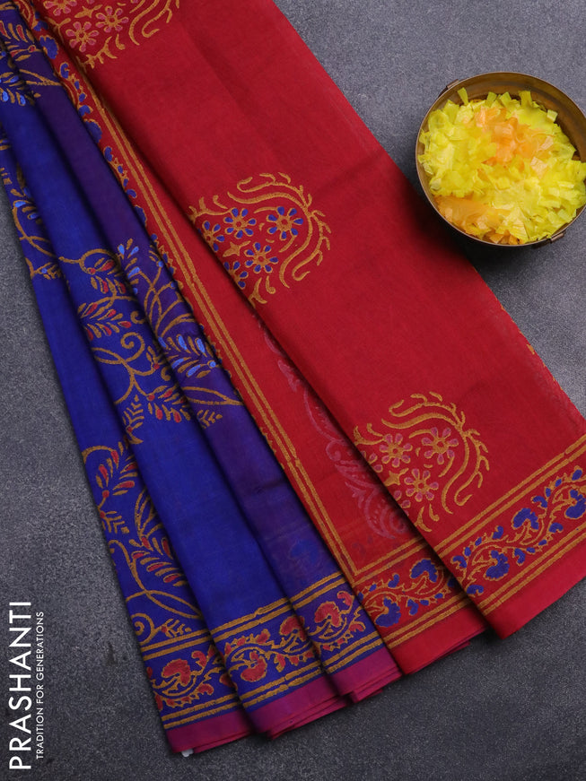 Silk cotton block printed saree blue and maroon with allover prints and printed border