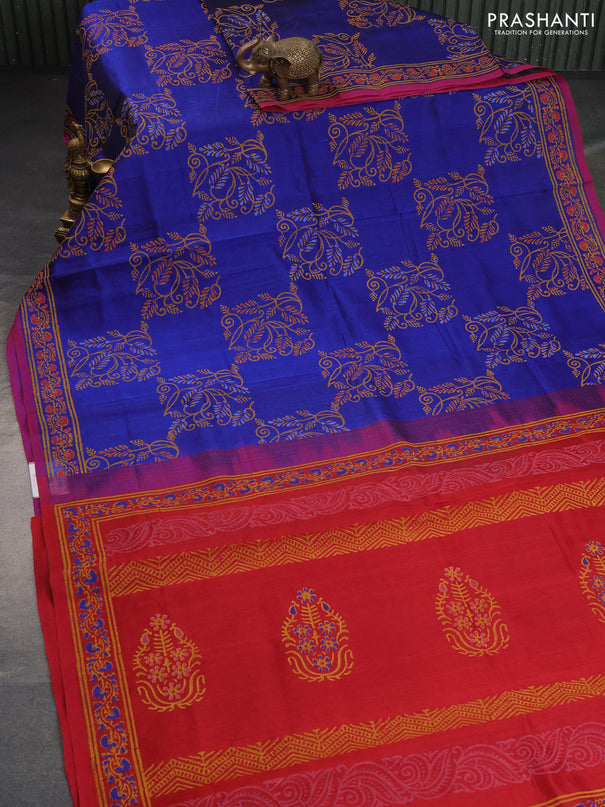 Silk cotton block printed saree blue and maroon with allover prints and printed border