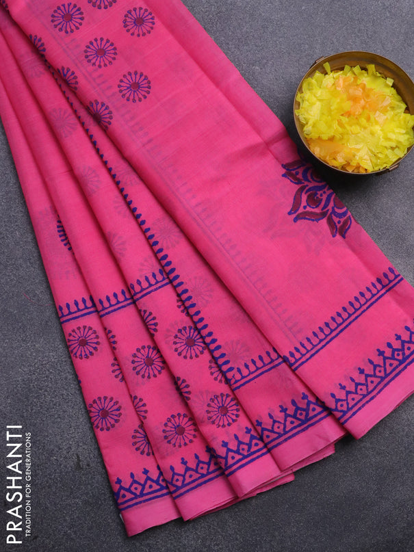 Silk cotton block printed saree candy pink with butta prints and printed border