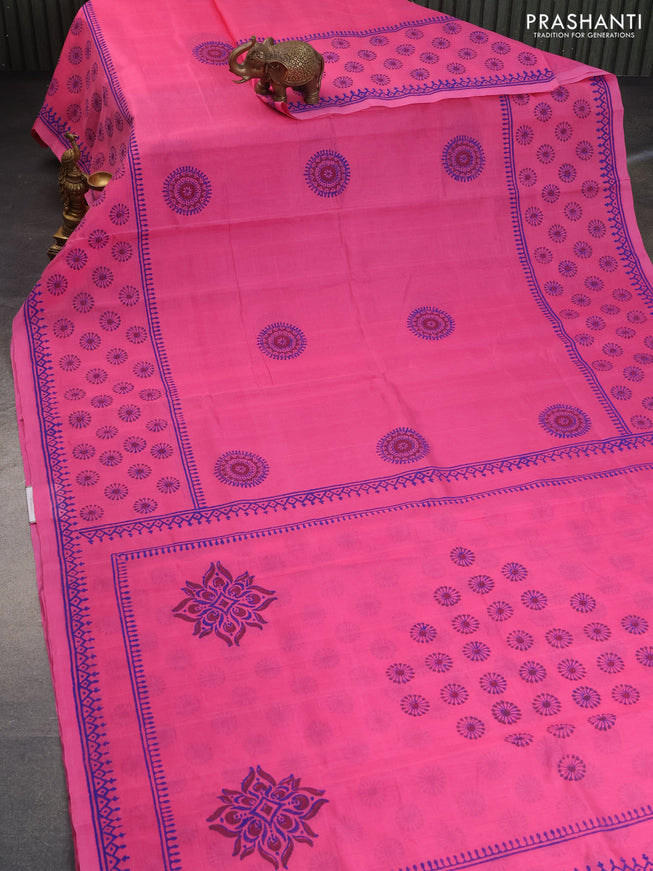 Silk cotton block printed saree candy pink with butta prints and printed border