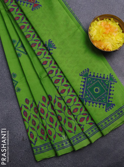 Silk cotton block printed saree light green with butta prints and printed border