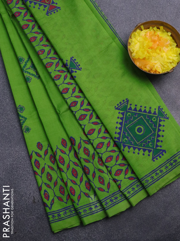 Silk cotton block printed saree light green with butta prints and printed border