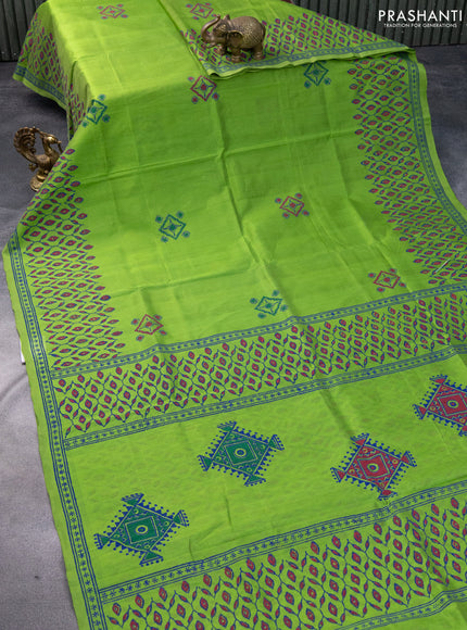 Silk cotton block printed saree light green with butta prints and printed border