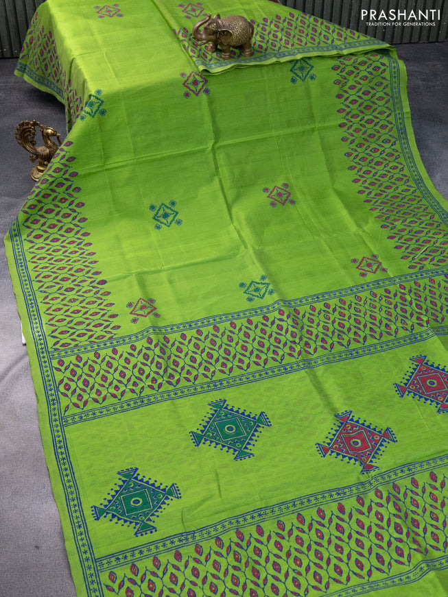 Silk cotton block printed saree light green with butta prints and printed border