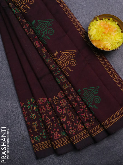 Silk cotton block printed saree deep coffee brown with butta prints and printed border