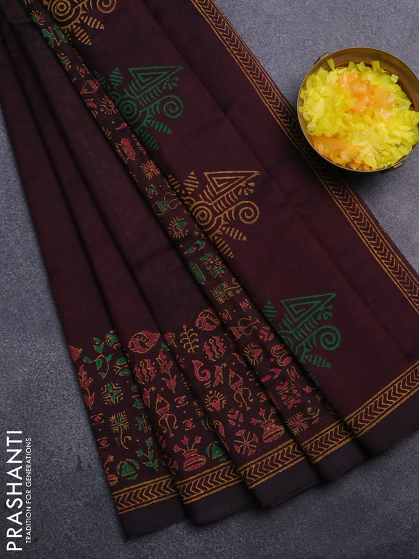 Silk cotton block printed saree deep coffee brown with butta prints and printed border