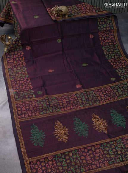 Silk cotton block printed saree deep coffee brown with butta prints and printed border