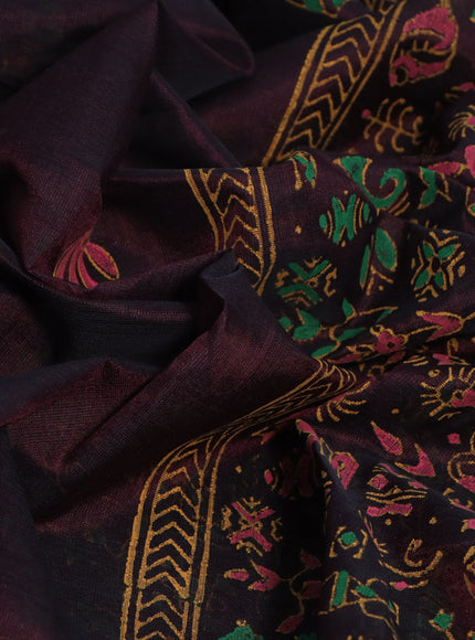 Silk cotton block printed saree deep coffee brown with butta prints and printed border