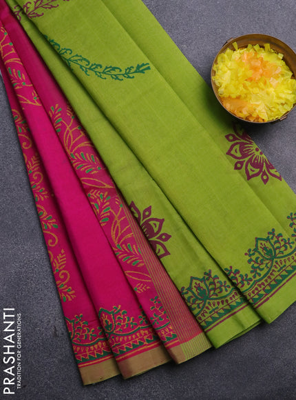 Silk cotton block printed saree pink and lime green with allover prints and printed border