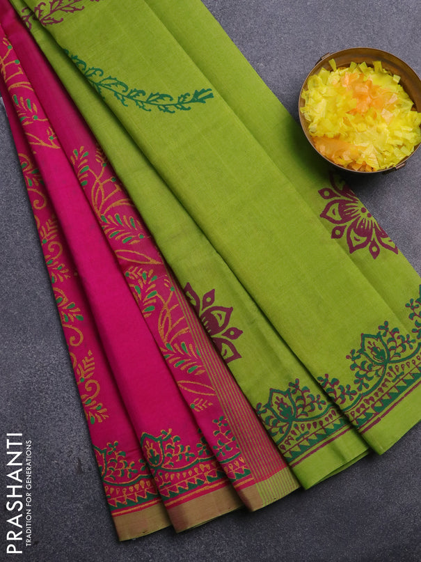 Silk cotton block printed saree pink and lime green with allover prints and printed border