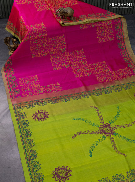 Silk cotton block printed saree pink and lime green with allover prints and printed border