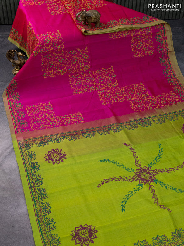 Silk cotton block printed saree pink and lime green with allover prints and printed border